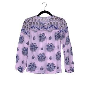 POINT SUR Royal Block Print Popover Blouse Lavender Mist Long Sleeve Women's XXS